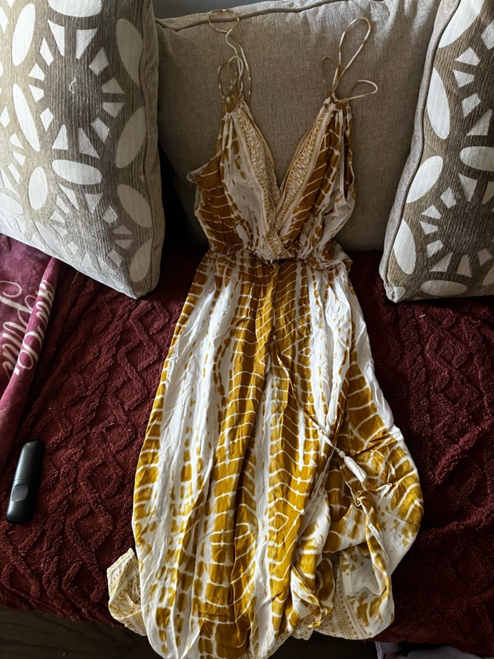 blue island Mustard and White Tie-Dye Maxi Dress